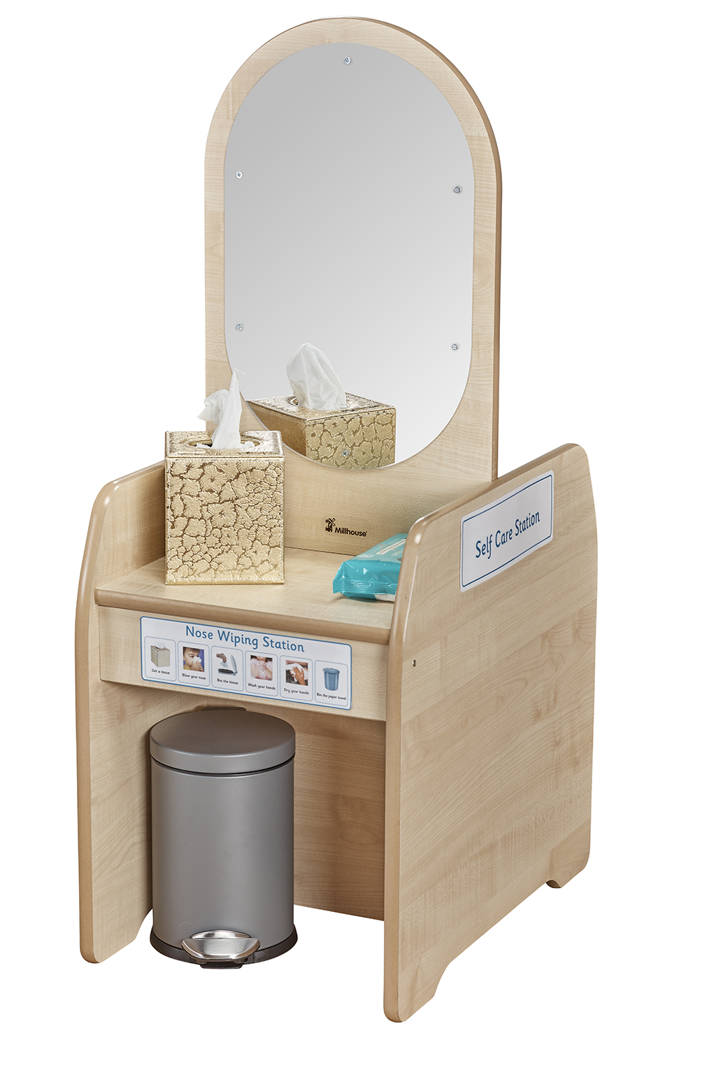 Nasenabwischstation, Selbstpflegestation, Holzmöbel, Runder Spiegel, Taschentuchboxenhalter, Holztisch, Spiegel, Nase Wiping Station, Papiertücher-Box, Mülleimer