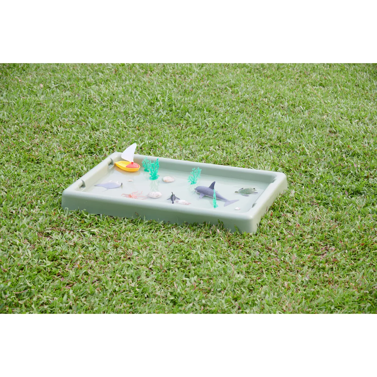 Spielzeug-Teich, Wasserspiel, Schwimmtiere, Spielzeugboot, Miniaturmeer, Spielzeug-Teich, Wassertisch, Miniatur-Fischerei, Meerestiere, Grasboden
