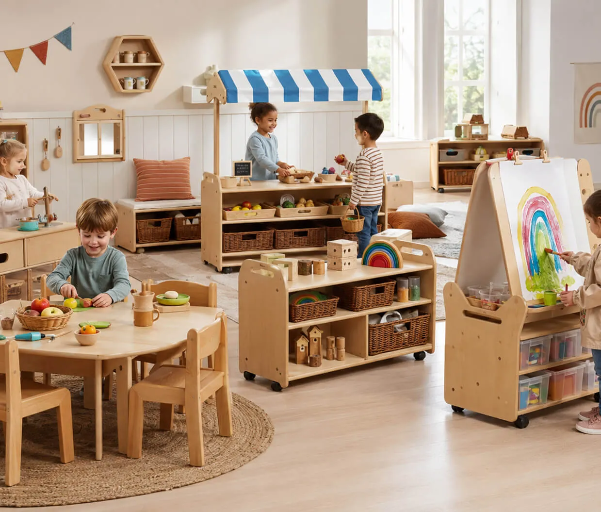 kindergarten, playroom, Holzspielzeug, Rollenspiel, Kindermöbel