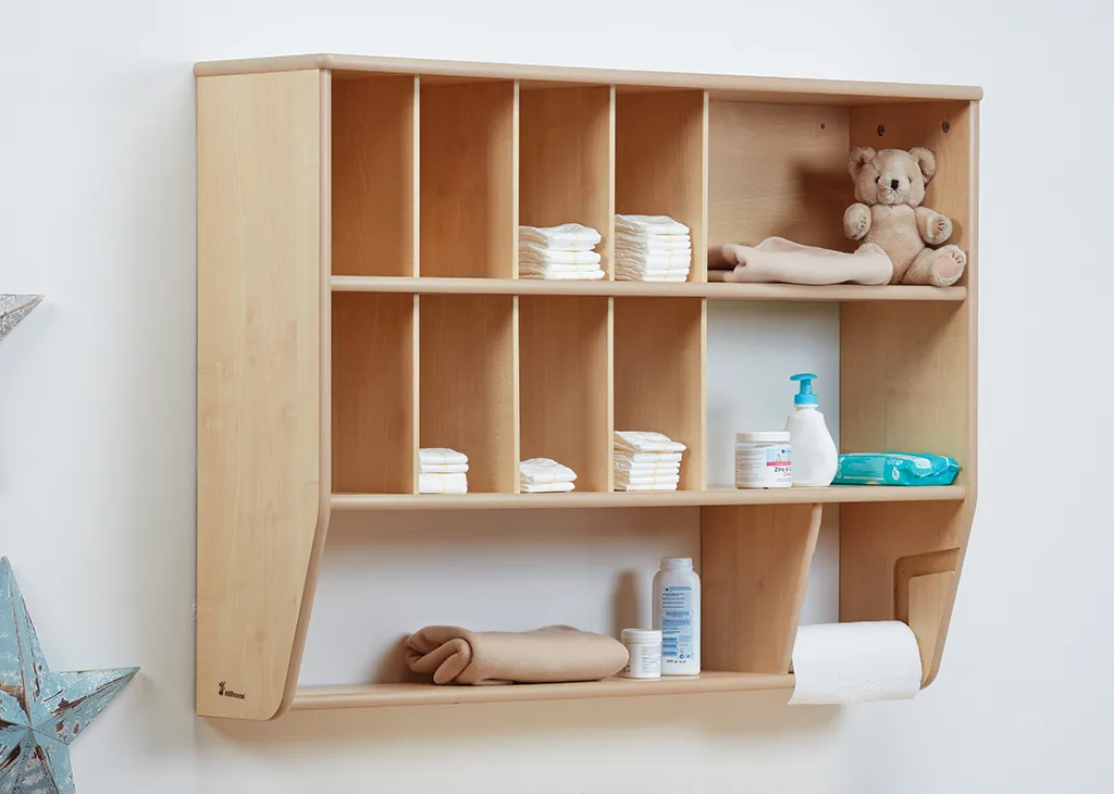 Wandregal, Babyausstattung, Handtücher, Pflegeprodukte, Waschlappen, Wandregal, Babyregal, Holzregal, Weißer Toilettenbereich?, Wandhalterung