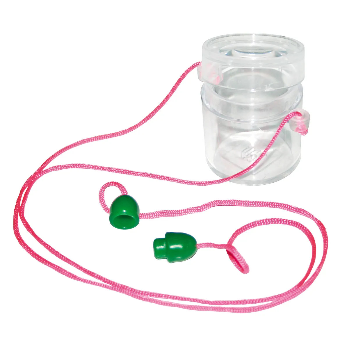 ohrstöpsel, grüne stecker, pinkes seil, reisezubehör, schnur, Ohrstöpsel, Aufbewahrung, rosa Schnur, grüne Stecker, Plastikbehälter