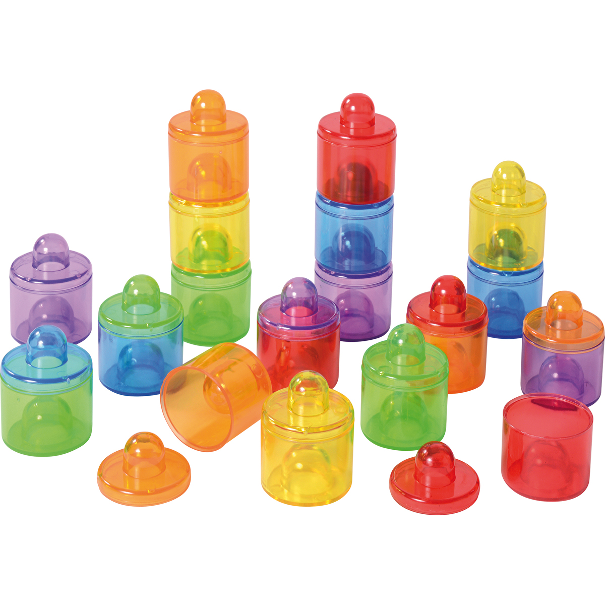 Colorful stackable caps, Stackable containers, Cosmetic jars, Suction lids, Transparent plastic, Farbwürfel, Stapelfiguren, Röhrchen, Kappen, Bauteilset