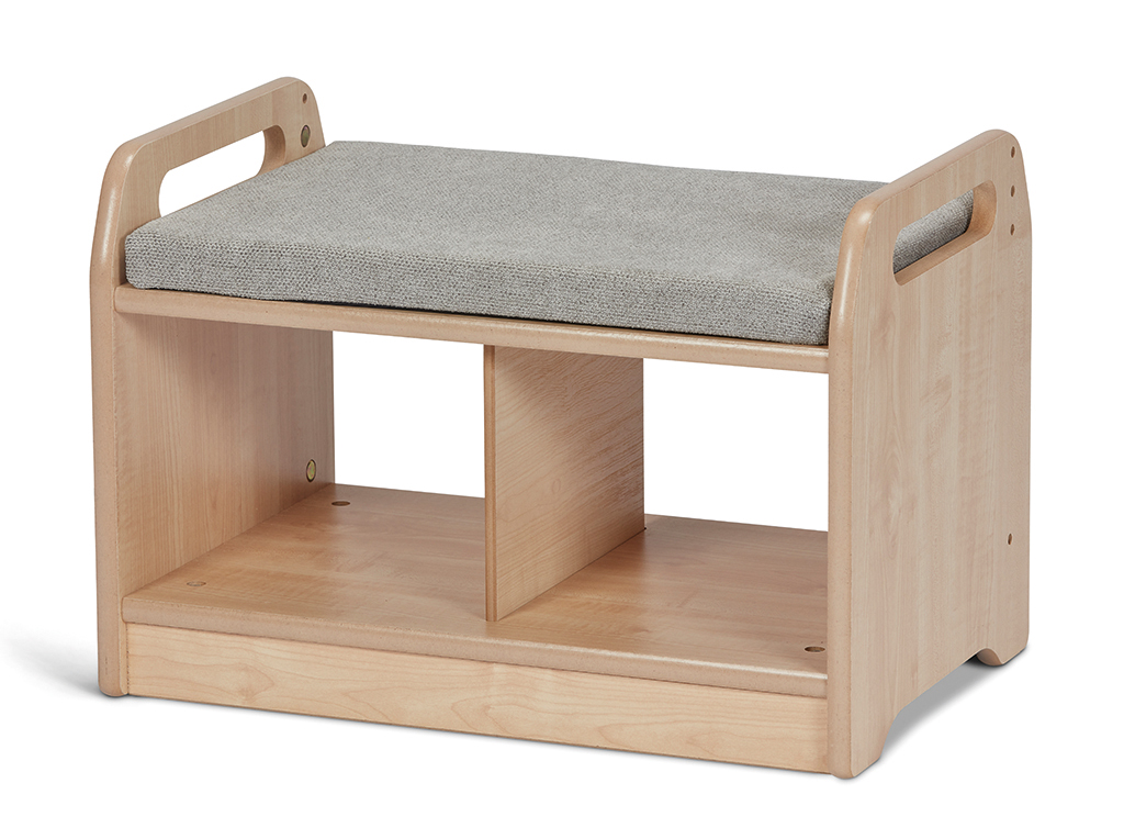 Sitzbank, Holz, Graues Polster, Unterbau, Kinderstuhlähnlich, Sitzbank, Holz, Grau, Kissen, Unterbau