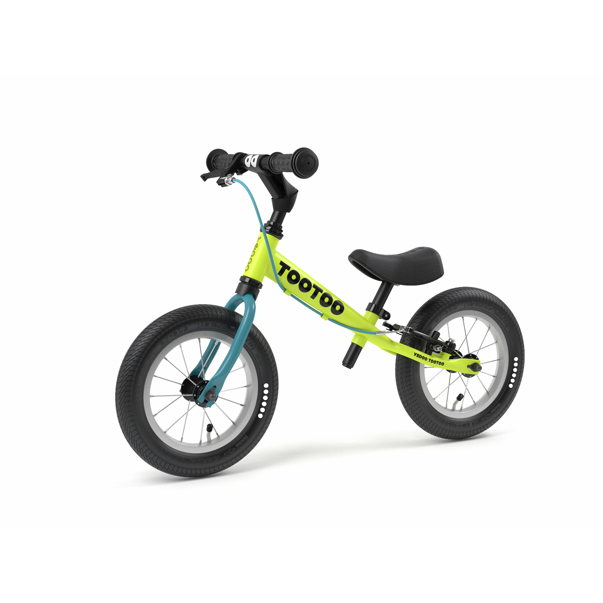 Balance bike, Kinderfahrrad, Neon gelbes Rahm, Blaues Vorderradgabel, Gepolsterter Sattel