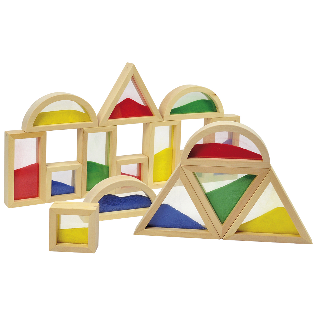 Holzbausteine, Formenbausteine, Pyramide, Sandkastenfarben, Klemmkasten