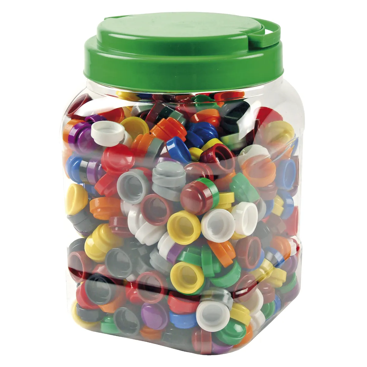 Bausatz-Behälter, Kunststoffteile, Bunte Kunststoffringe, Snaps/Clips, Aufbewahrungsbehälter, Kunststoffkappen, Knopf-Container, Farbenvielfalt, Bunte Steckkappen, Aufbewahrungsdose