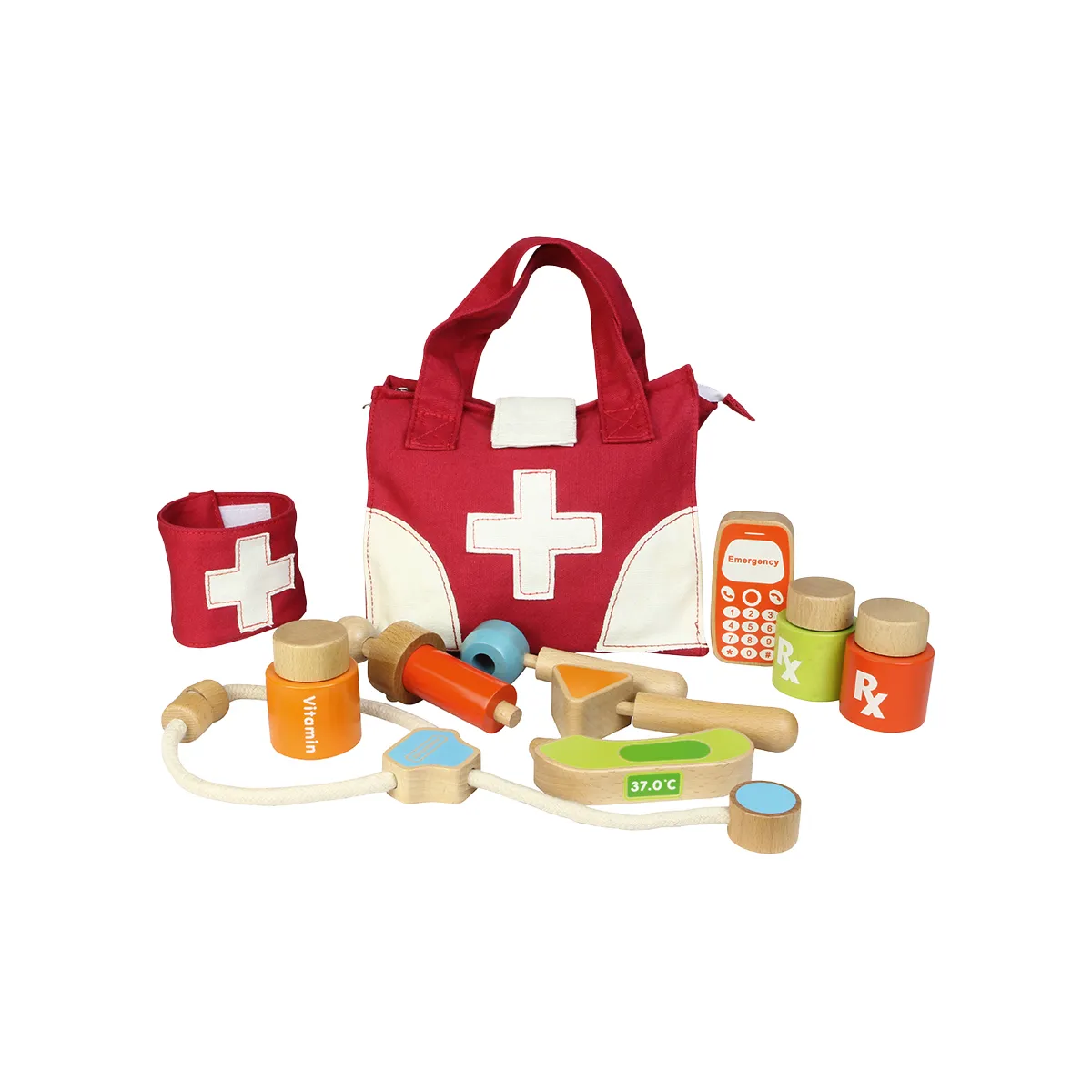 Kinderarztsspielzeug, Holzspielzeug, medizinische Spielzeug, Notfalltasche, Thermometer, Kinder-Arztenspiel, Holzspielzeug, Medizin-Set, Rotes Medizin-Tasche, Thermometer