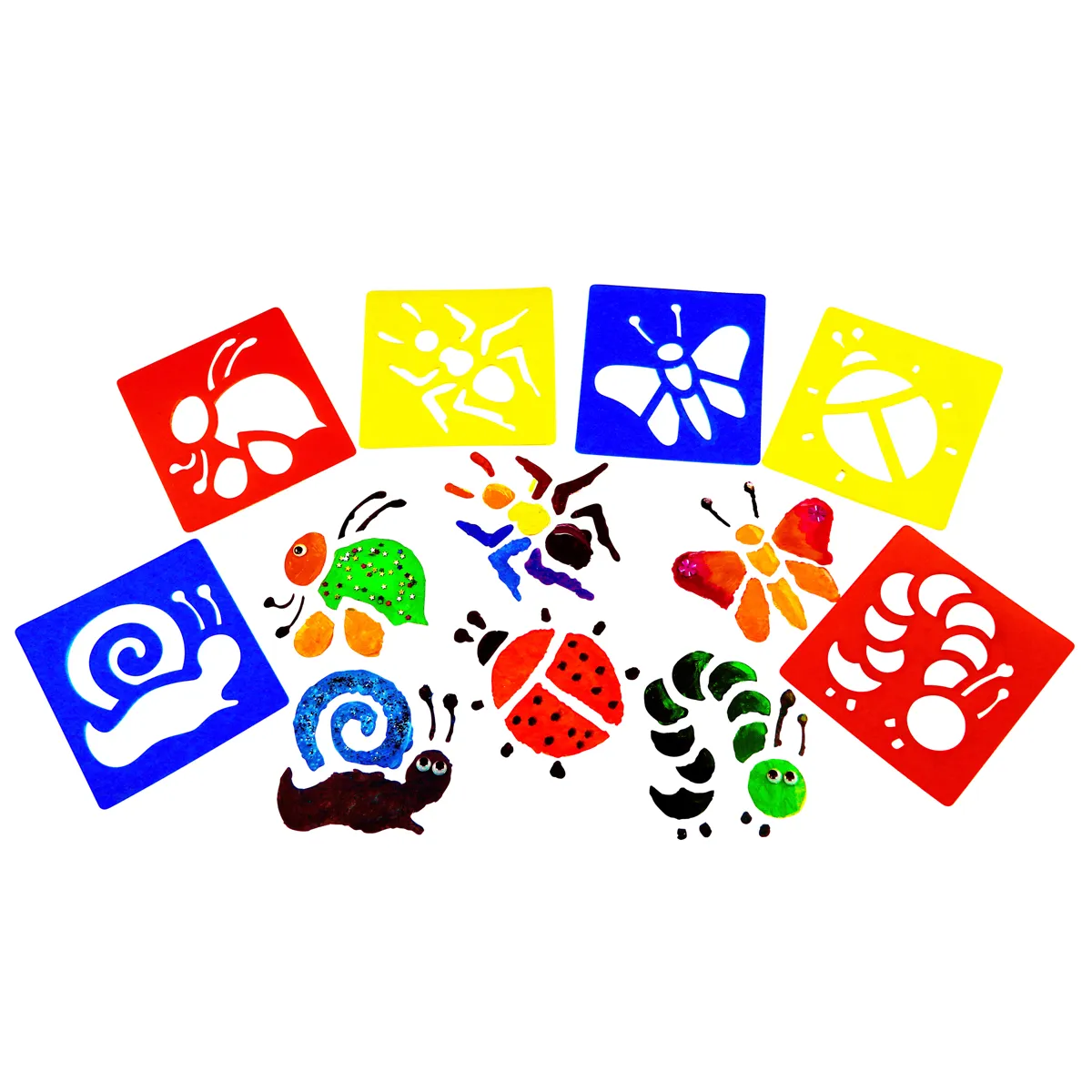 Kinderkunst, Stempeldruck, Tierfiguren, Farbige Quadrate, Handabdruck, Kinderspielkarten, Stempeldrucke, Tiermotive, bunte Farben, Tiere Silhouetten