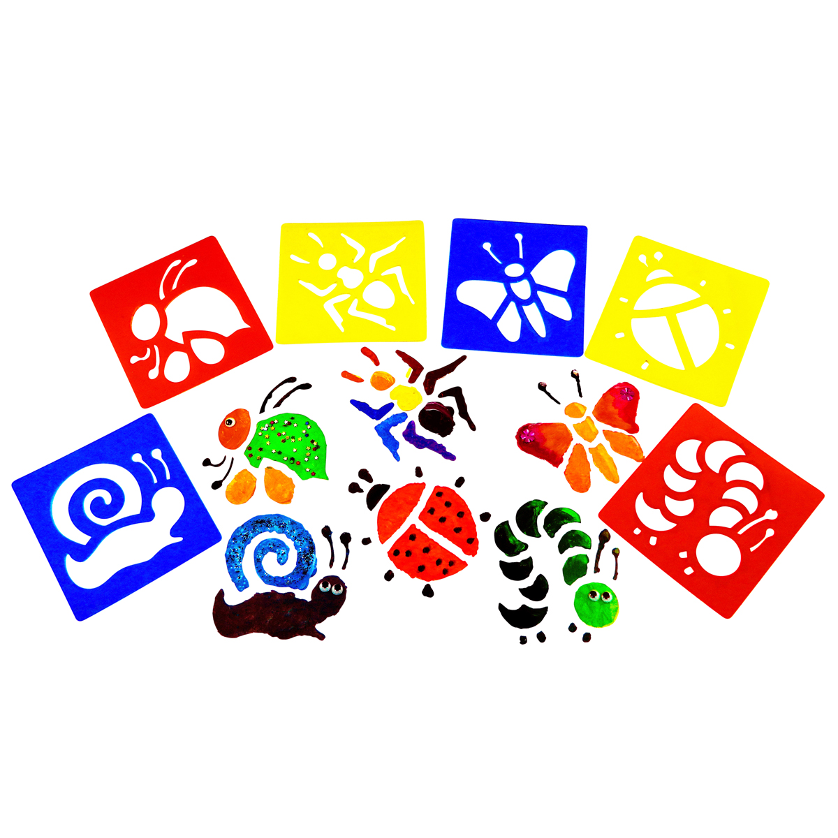 Kinderkunst, Stempeldruck, Tierfiguren, Farbige Quadrate, Handabdruck, Kinderspielkarten, Stempeldrucke, Tiermotive, bunte Farben, Tiere Silhouetten