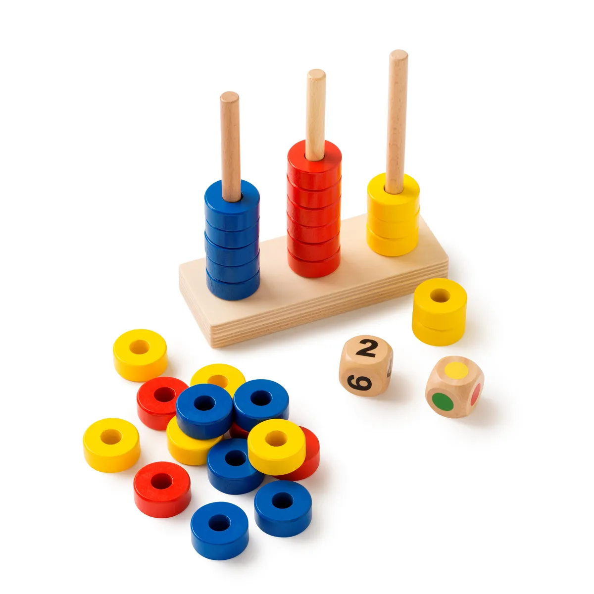 Holzspielzeug, Stapelpyramide, Farbenstapeln, Holzwürfel, Würfelzahlen, Holzspielzeug, Ziffern, Rechenstapel, Farbiges Ring-System, Würfel