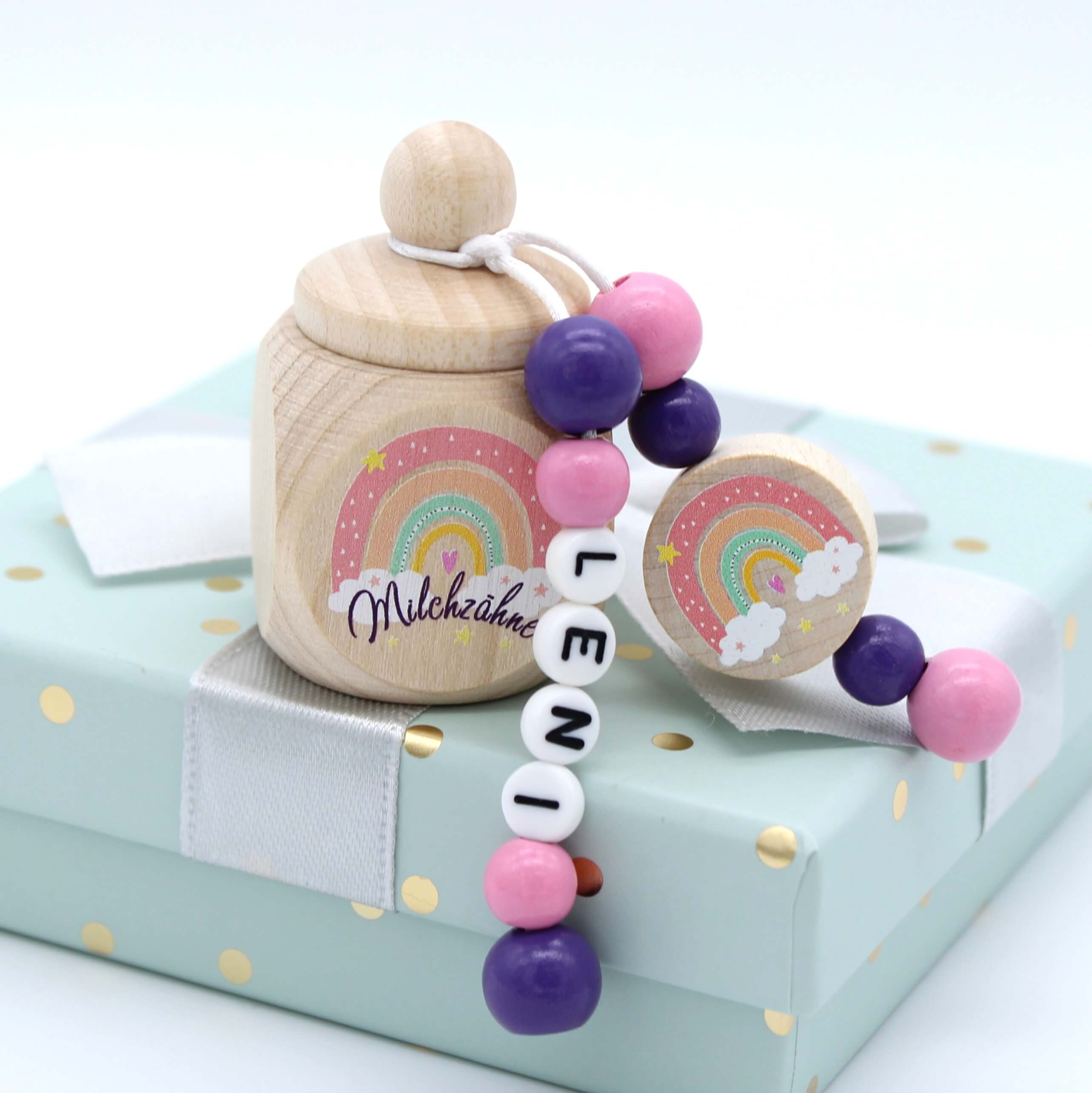 Craft set milk tooth box pink rainbow with name 