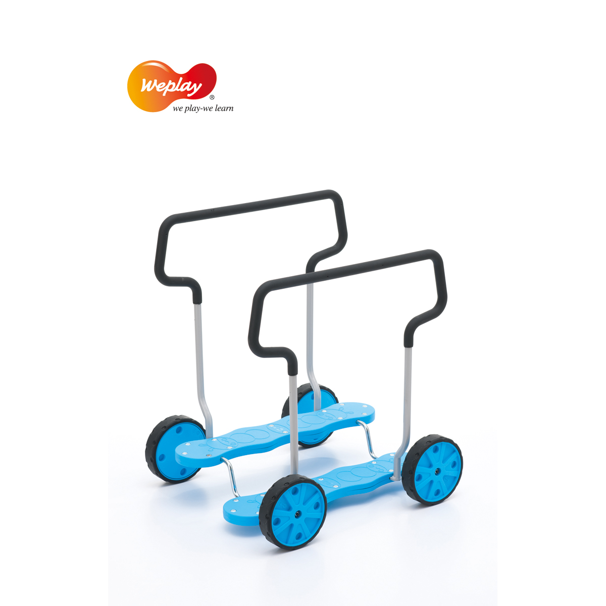 Kinderwagen, Kunststoffboden, blaue Räder, Teleskopgriff, Dreirad-Deck