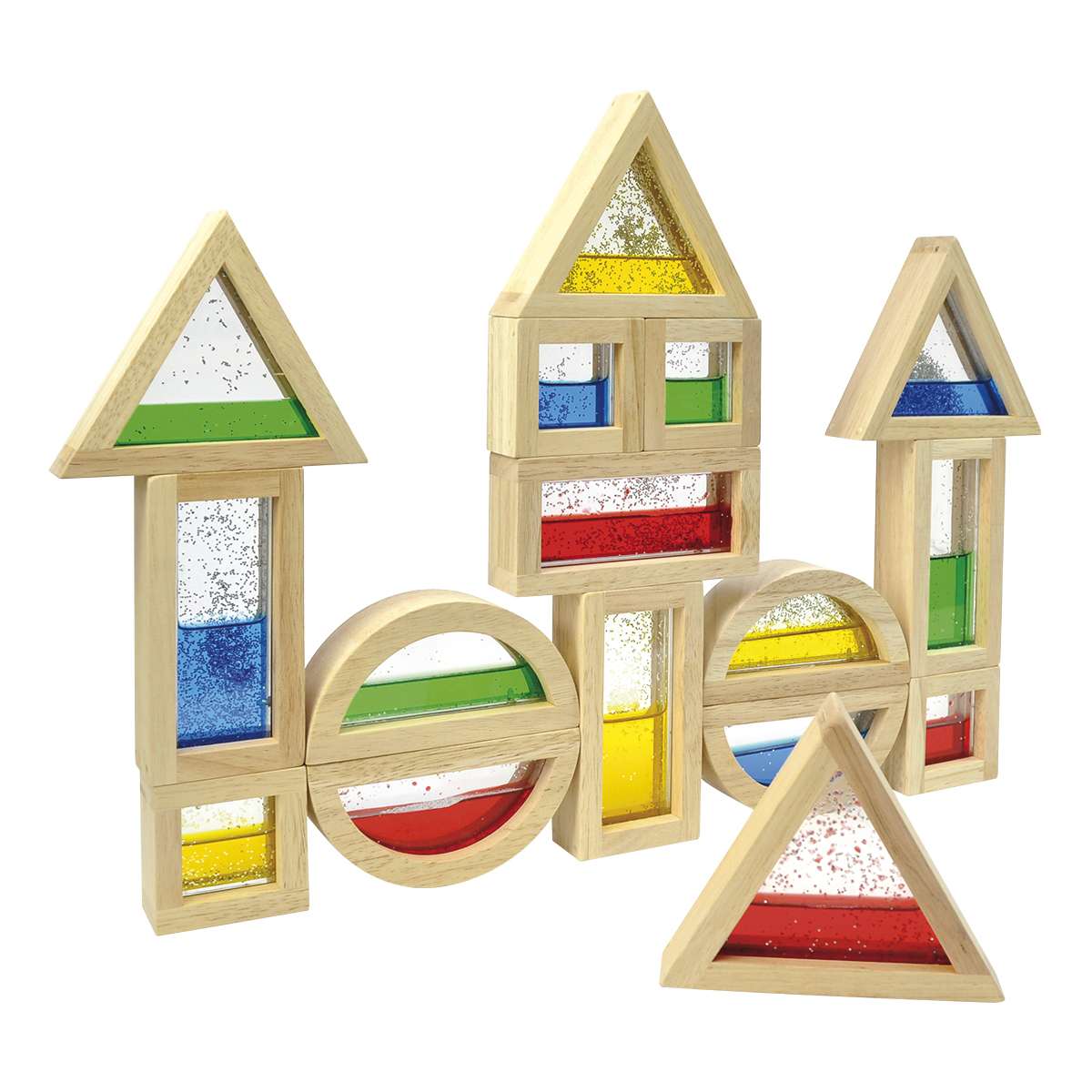 Holzspielzeug, Konstruktionsbausteine, Geometrische Formen, Farbige Glasfenster, Kinderkonstruktion