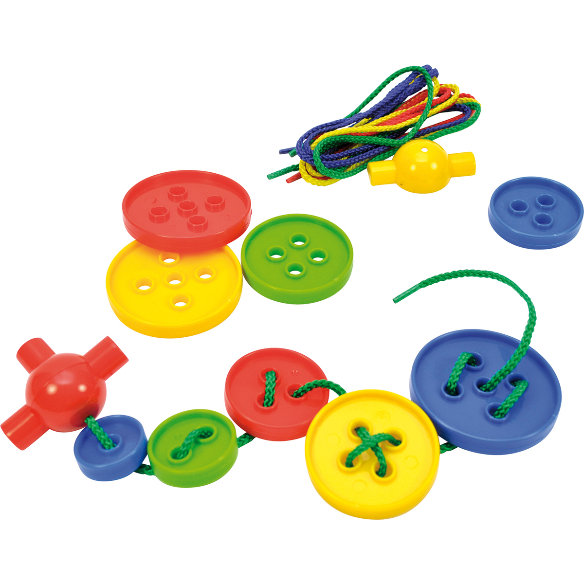 Knöpfe Set, bunte Knöpfe, Schnur, Plastikspielzeug, ineinander greifende Formen