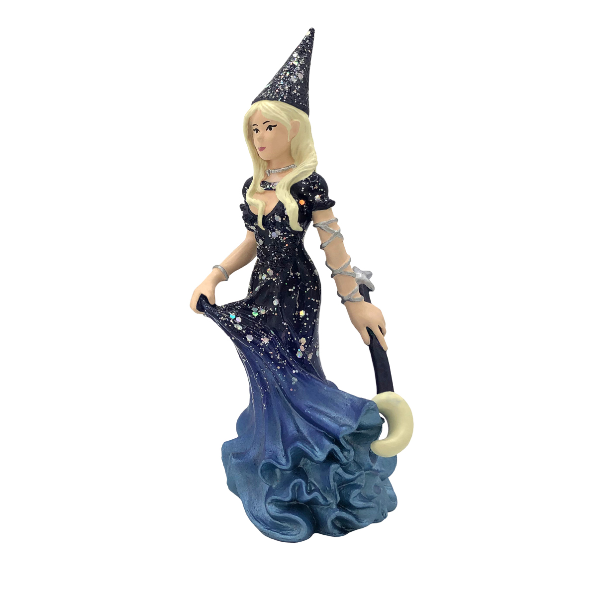 Hexenfigur, Glitzerkleid, Zauberin, Dekofigur, Mondstab, Zauberin, Kugel, Schwarz-Blau, Glitzer, Hut