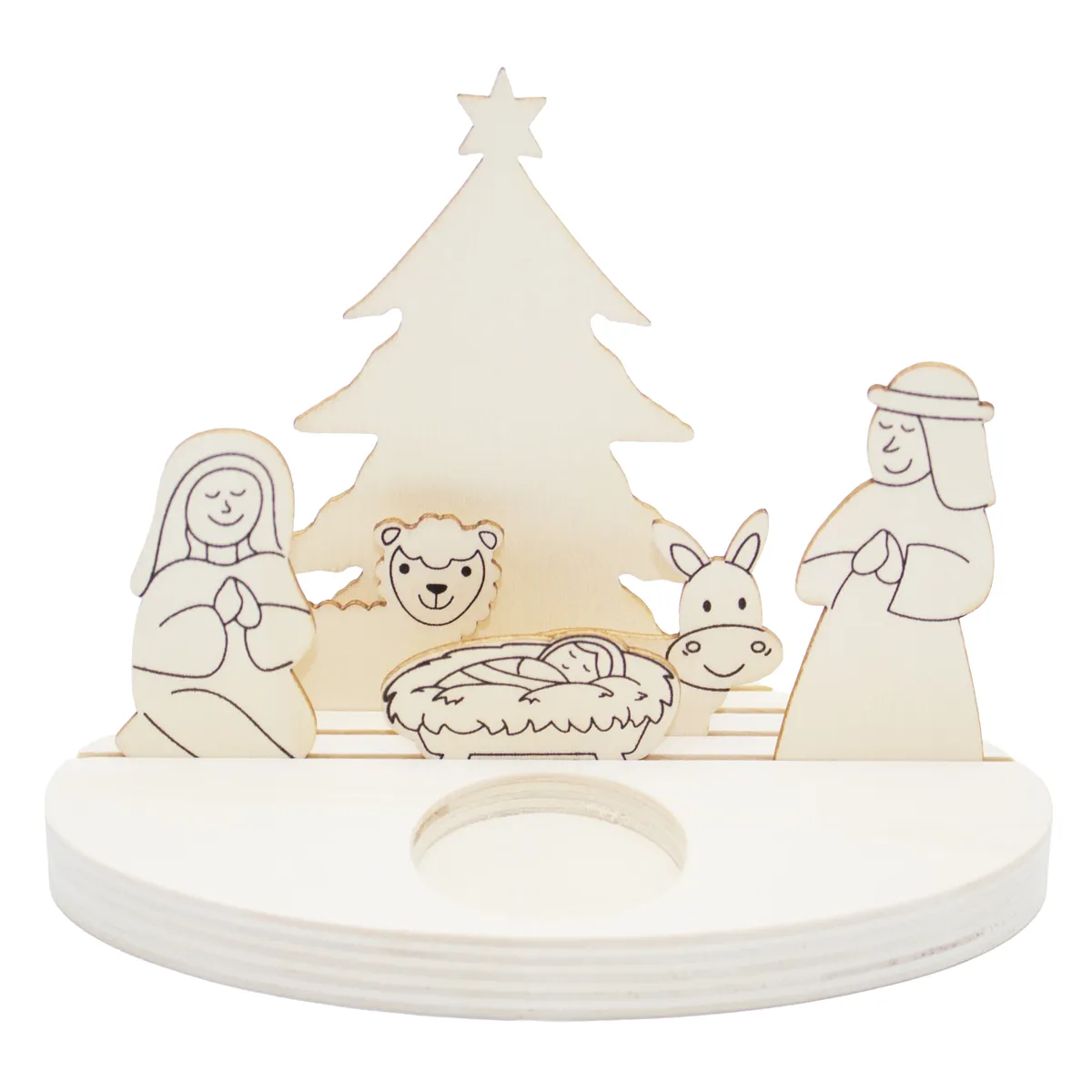 Holzdeko, Weihnachtskrippe, Krippenfiguren, Nadelbaum, Sockel, Holzfiguren, Krippe, Weihnachten, Stille-Nacht-Szene, Heilige Familie