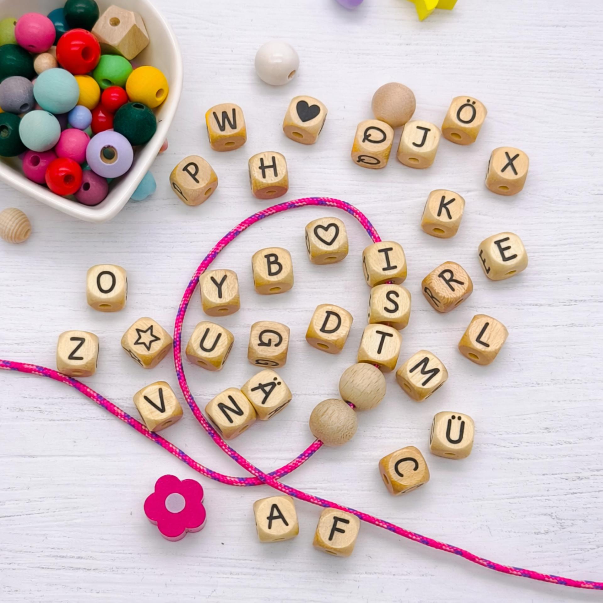 Letter beads letter cube wood embossed 10mm Zahl, Symbol, Text