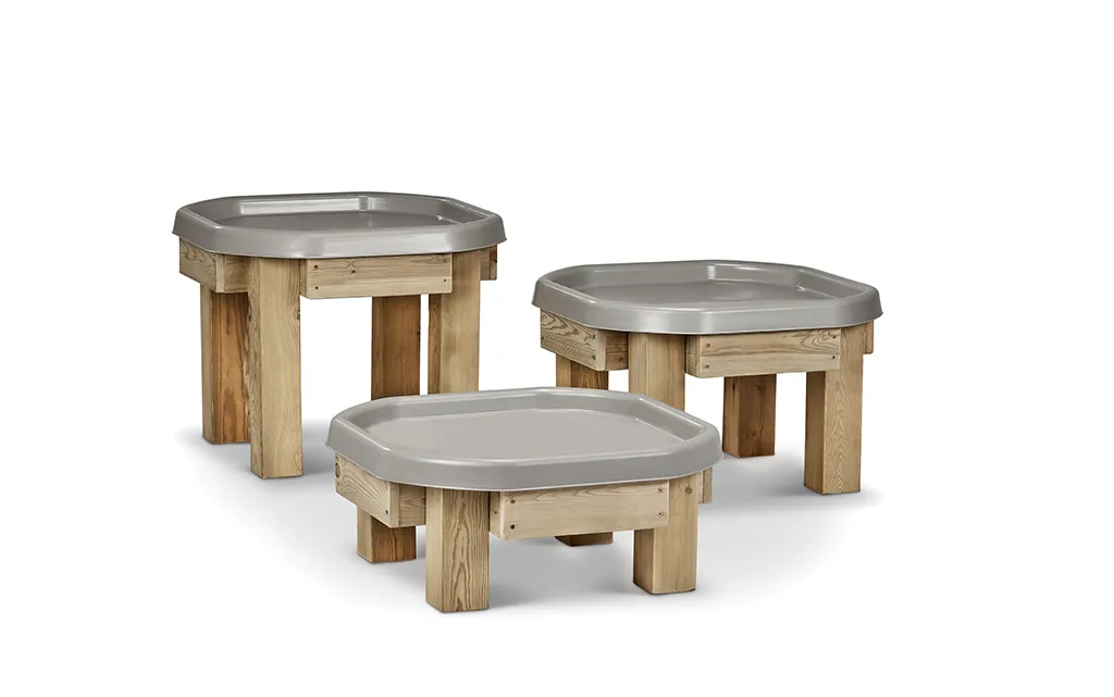 Holzstapel, Beistelltisch, Plattform, Kunststoffoberfläche, Satz aus drei Tabellen, Holz, Beistelltisch, Pflanztisch, großer Tisch, graue Abdeckung