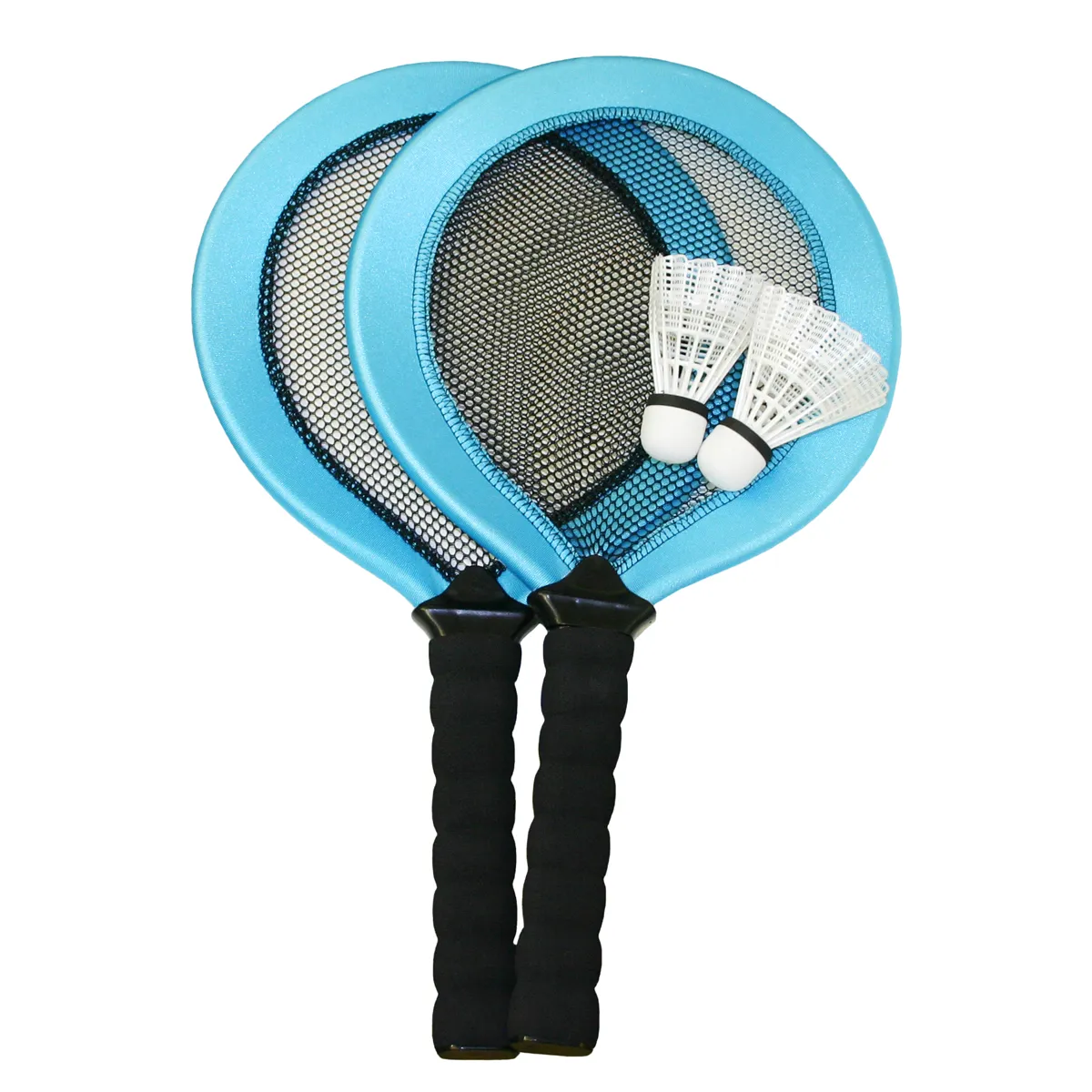 Badminton-Schläger, Shuttlecock, Netz-Racket, blaues Racket, zwei Griffe, Badminton Schläger, Badminton-Set, Schlägerpaar, Shuttlecock, Schläger mit Netztasche
