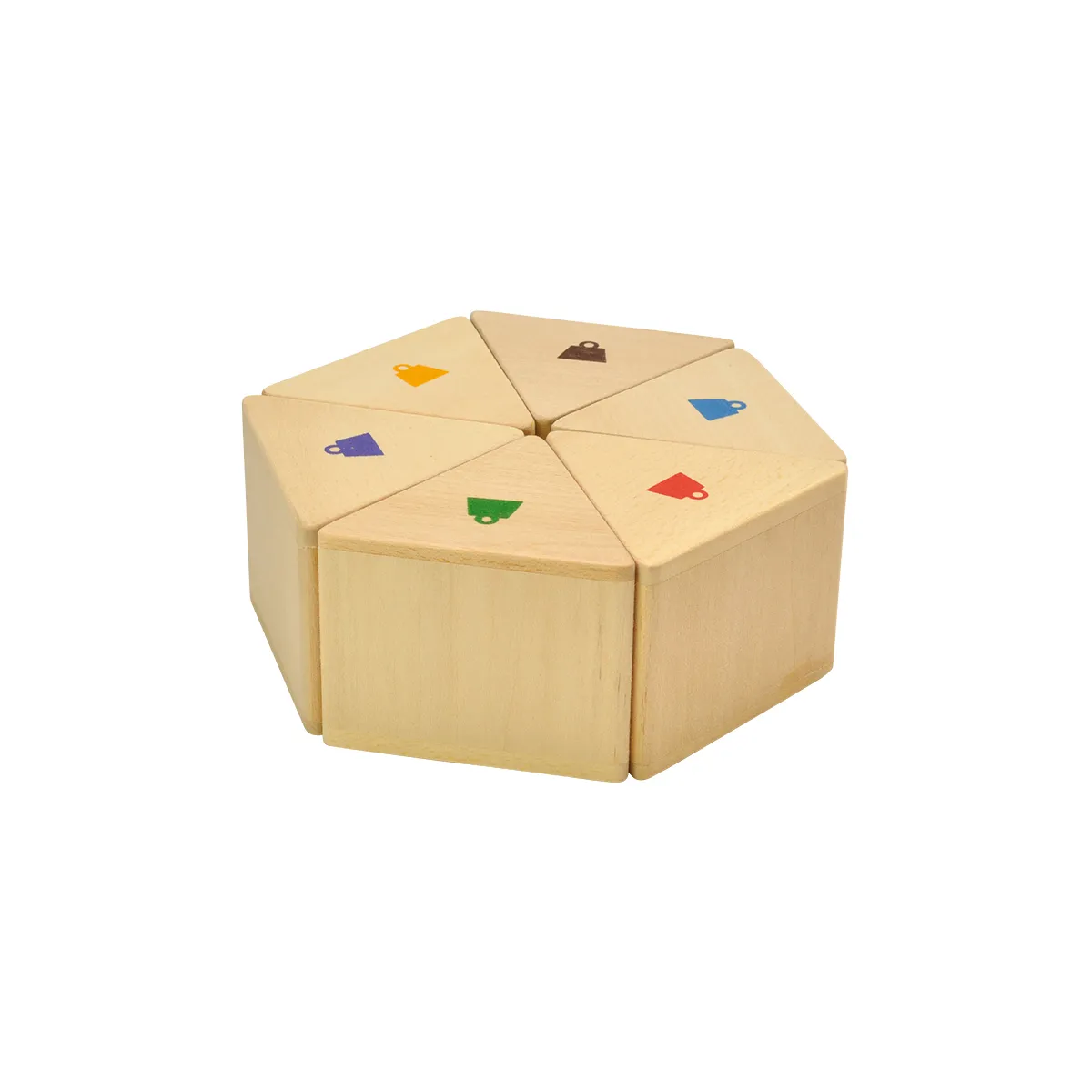 Holzblock, Puzzlespiel, Sechseck, Bunte Markierungen, Holzbausteine, Holz, Puzzles, segmentiert, sechs-teilig, bunte-Icons