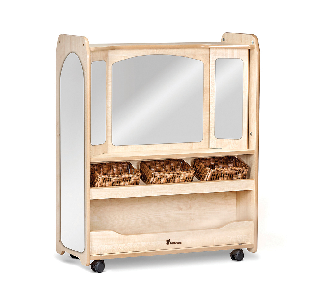 Holzkommode, Kinderhobby, Spiegelaufsatz, Ablagekorb, rollbar, Holz-Kinderspielmöbel, Kinderzimmer-Schrank, Kinderkommode, Spiegelregal, Wäschekorb-Einheit