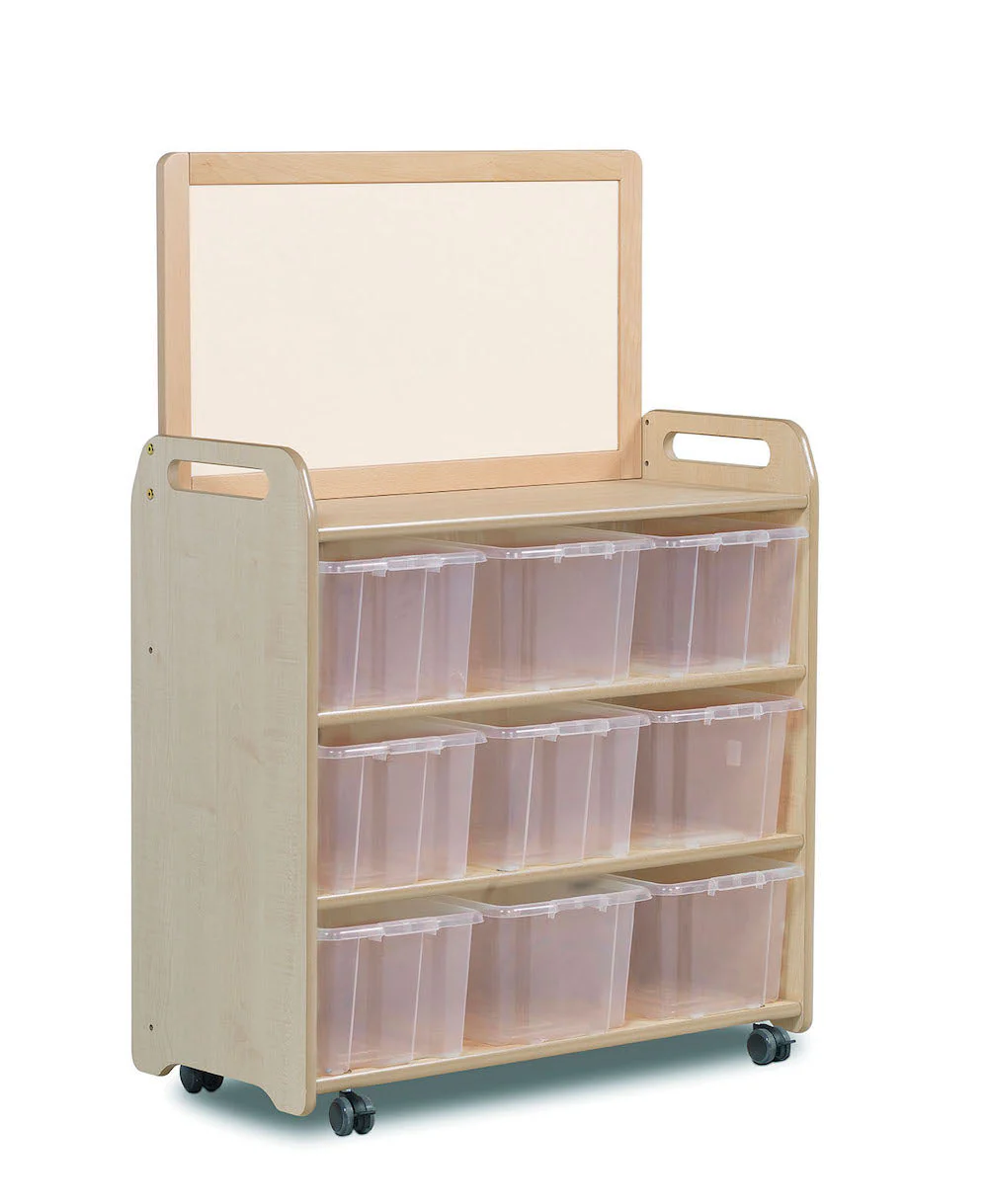 Mobiles Regalsystem mit magnetischer Whiteboard-Aufsatzplatte und 9 transparenten Behältern
