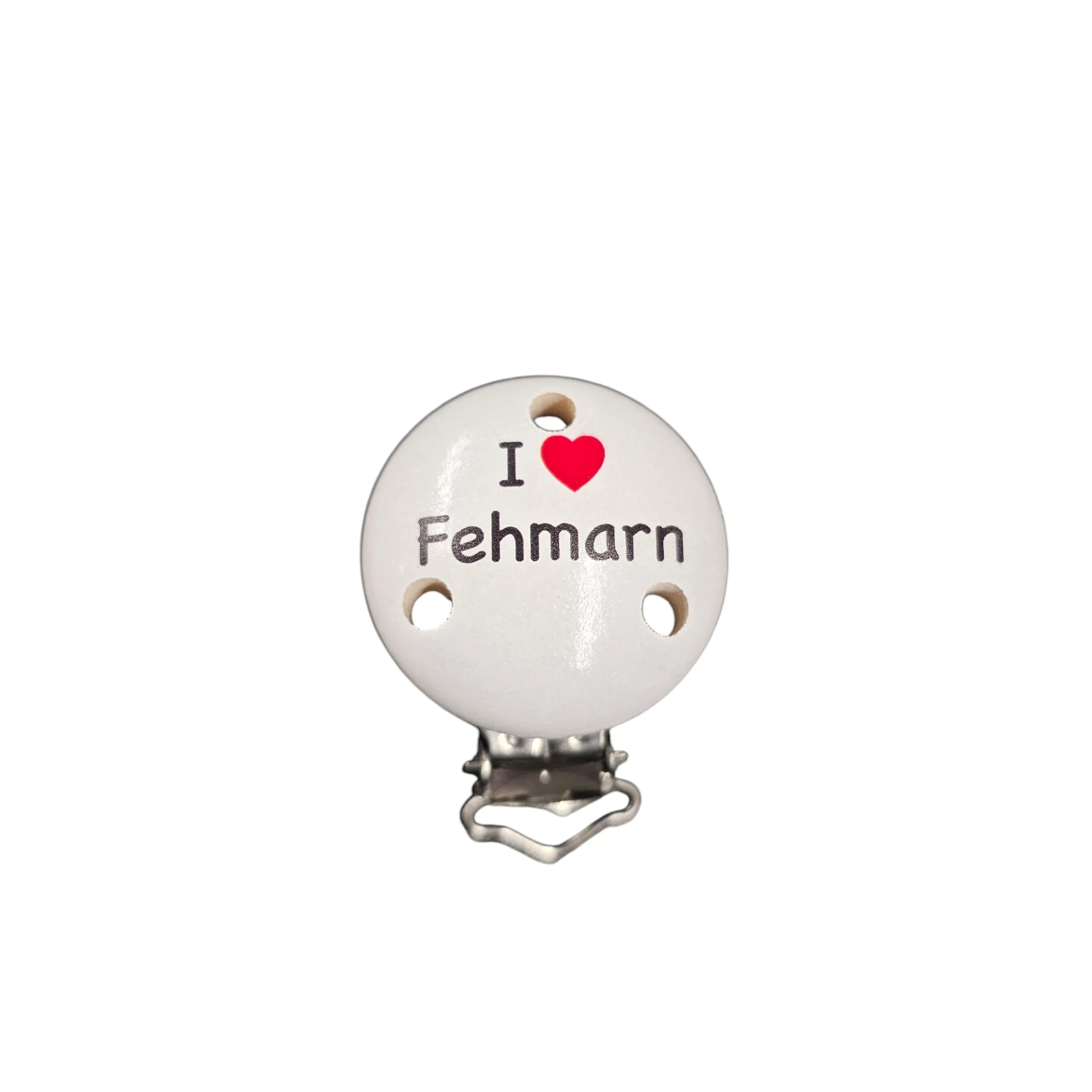 Schnullerclip "I ♥ Fehmarn" weiß-rot 20 auf Lager