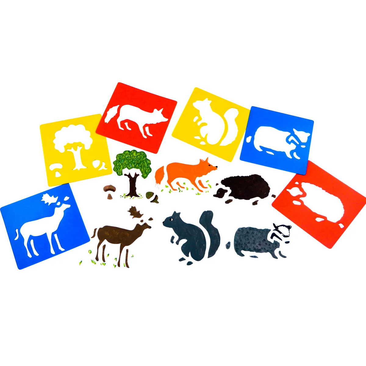 Tierwelt, Tierstempel, Silhouetten, Pflanzen, Tierspuren, tiered cards, Tierkarten, Tier-Silhouetten, Tierfiguren, bunte Kacheln