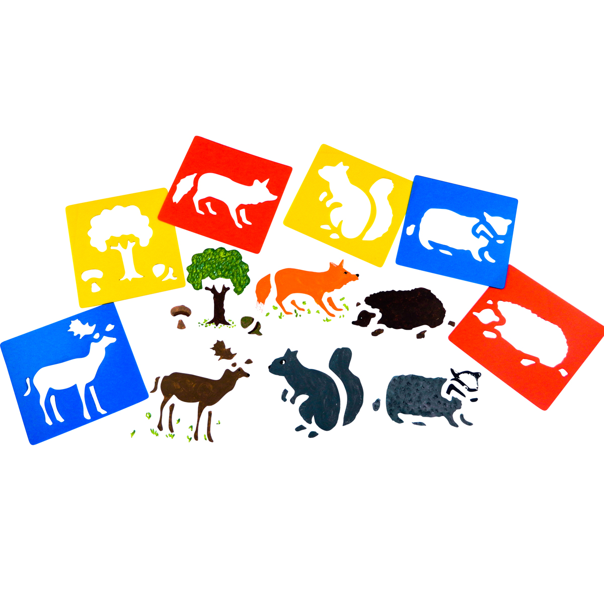 Tierwelt, Tierstempel, Silhouetten, Pflanzen, Tierspuren, tiered cards, Tierkarten, Tier-Silhouetten, Tierfiguren, bunte Kacheln