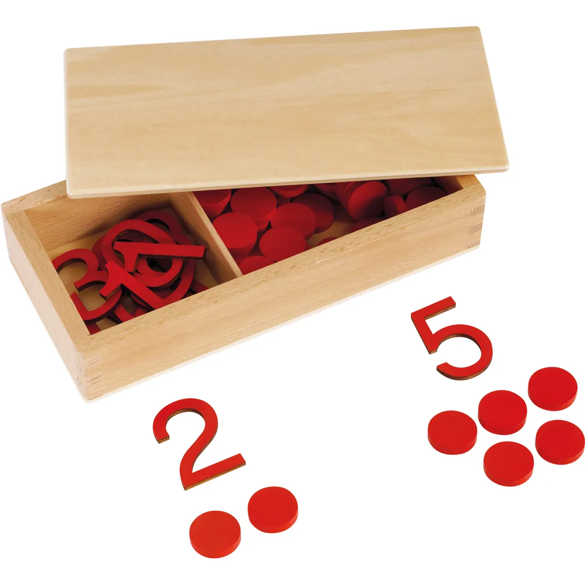 Holzbox, Zahlenspel, Rot, Unterteilte Box, Stückchen, Holzbox, Zahlen, pädagogisch, Lernspiel, rote Teile