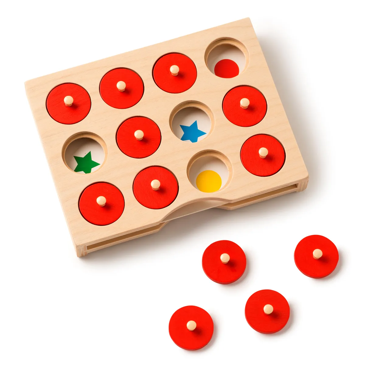 Holzpuzzle, Lernspiel, Knopfspiel, Farben, Holzspielzeug, Holzbrett, rote Scheiben, Puzzel mit Stiften, bunte Stifte, Aussparungen