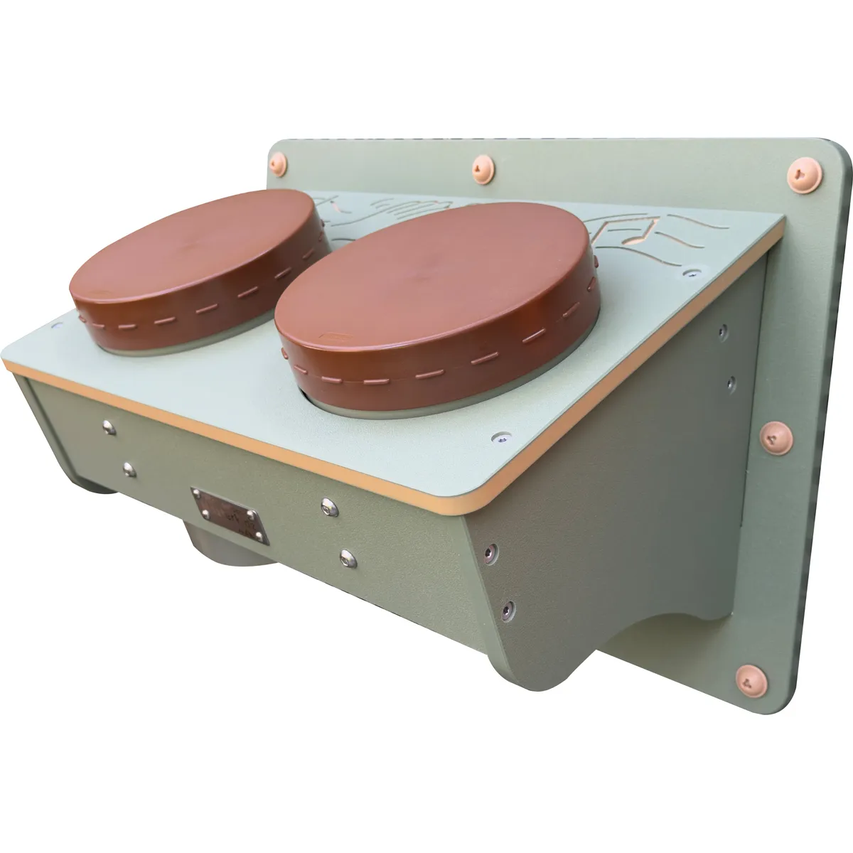 Hifi-Lautsprecher, Stereo-Knopf, Braune Scheiben, Dual-Lautsprecher, Retro-Panel, elektrischer Herd, Dualbrenner, braune Deckel, Metallplatte, Retro-Design