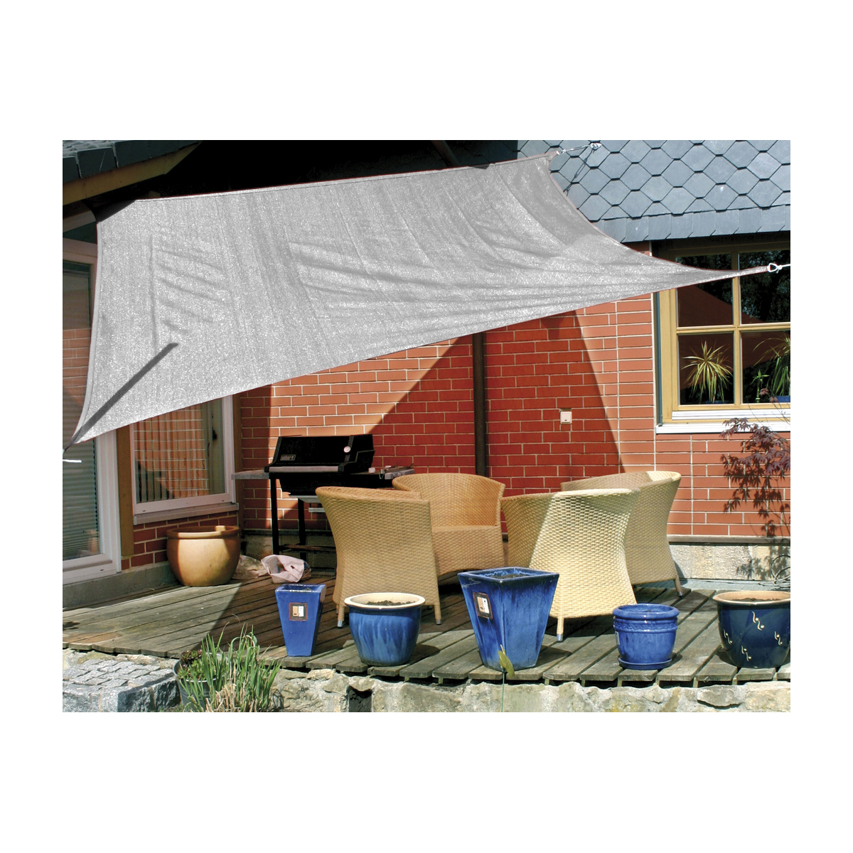 Sonnensegel, Schattensegel, Terrassenüberdachung, Gartenmöbel, Pflanzkübel