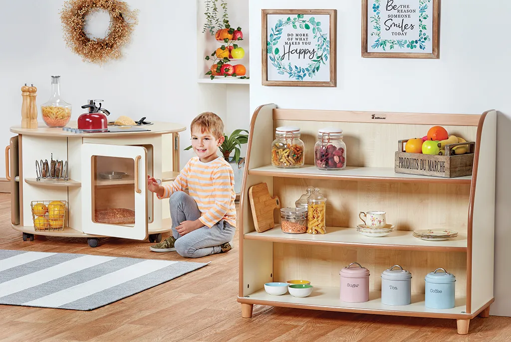 Kinderküche, Spielküche, Holzregal, Gläser, Obstkorb, Kinderküche, Holzküche, Küchenspielzeug, Obst-Gläser, Regal