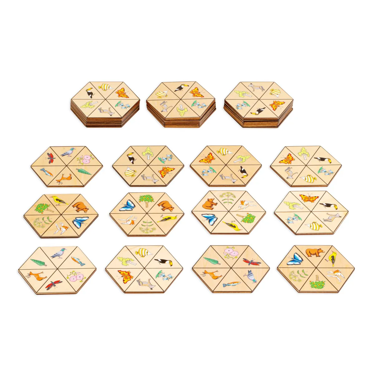 Holzspielstein, Puzzlekacheln, Sechseckige Kacheln, Tiermotive, Holzstruktur, puzzle, Holz, Sechseck, Tiere, Plättchen