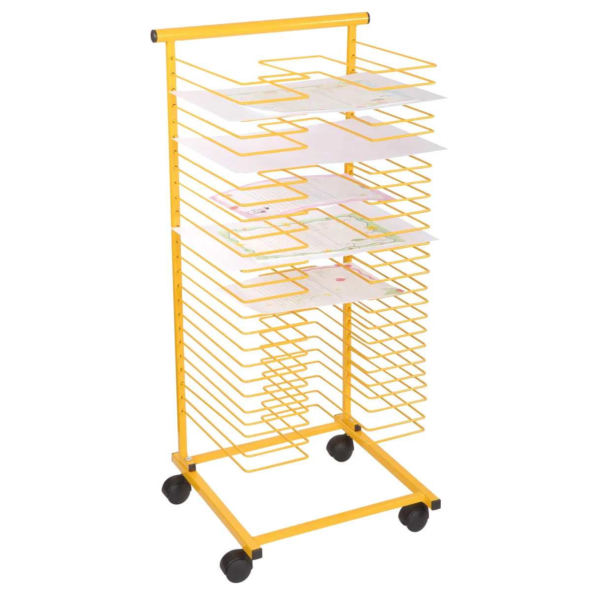 Laufwagen, Druckerständer, Schrägbilderregal, Papierständer, Ständer mit Rollen, Bordrack, Papiereträger, Rollständer, Gelb, Kartenhalter