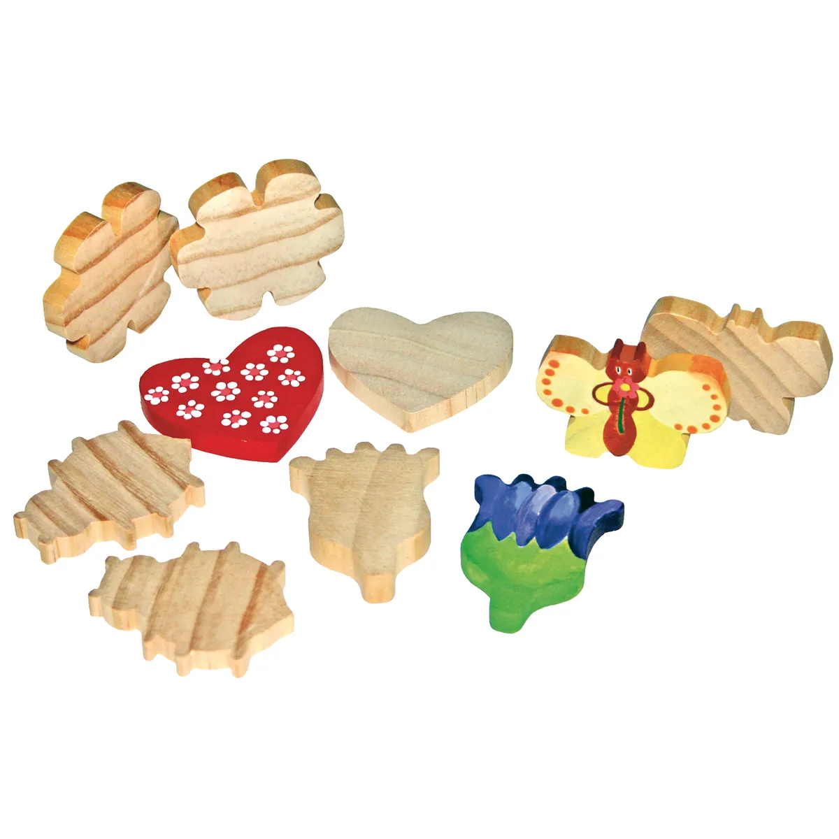 Holzspielzeug, Holzformen, Herzform, Blume-Motiv, Schmetterling, holzstempel, holzformen, herzform, blumenmotiv, kreativspielzeug
