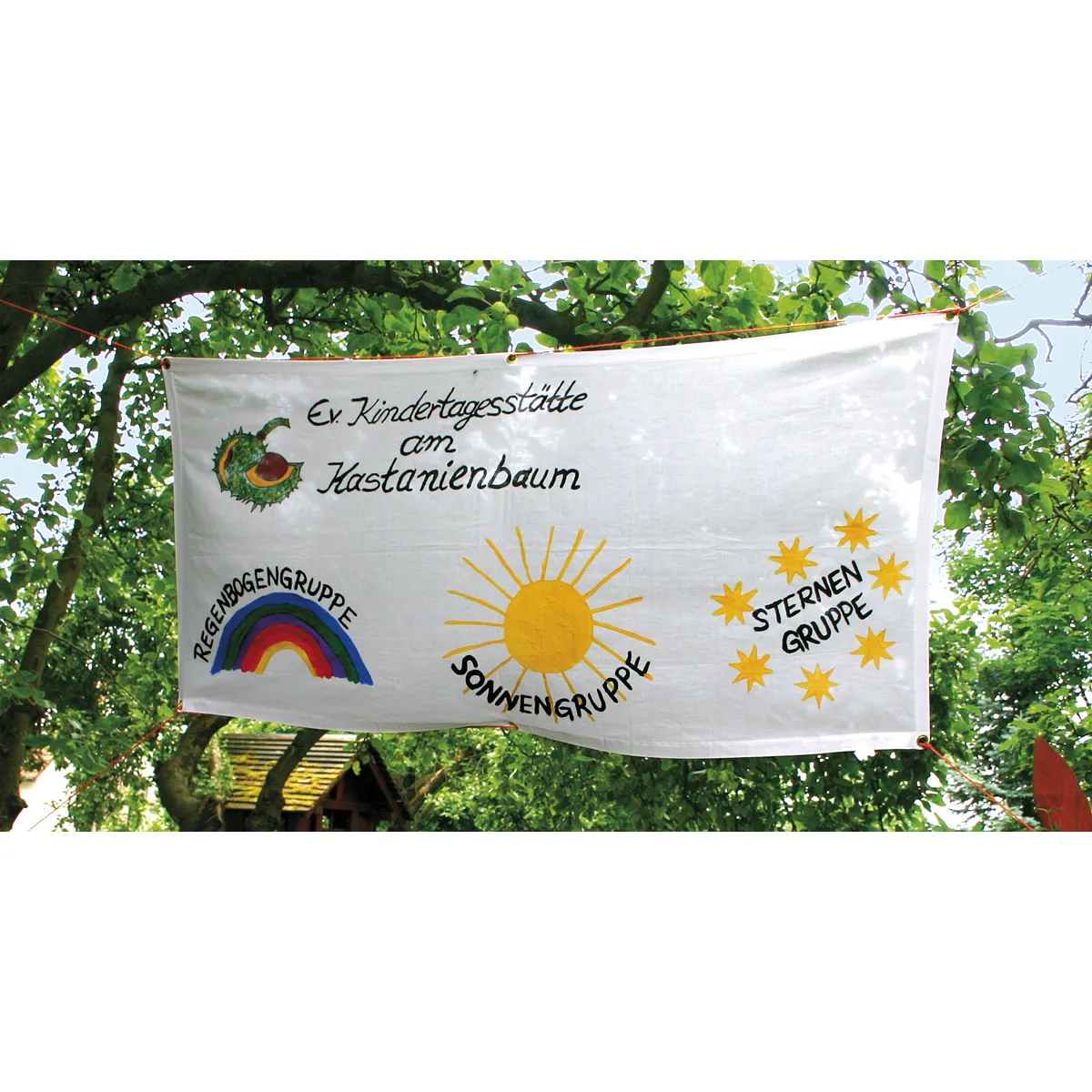 Tagesbanner, Sonnenzeichen, Regenbogen, Sternengruppe, Kunstbanner, Banner, Sonnenzeichen, Regenbogen, Tagesstätte, Aufhängung
