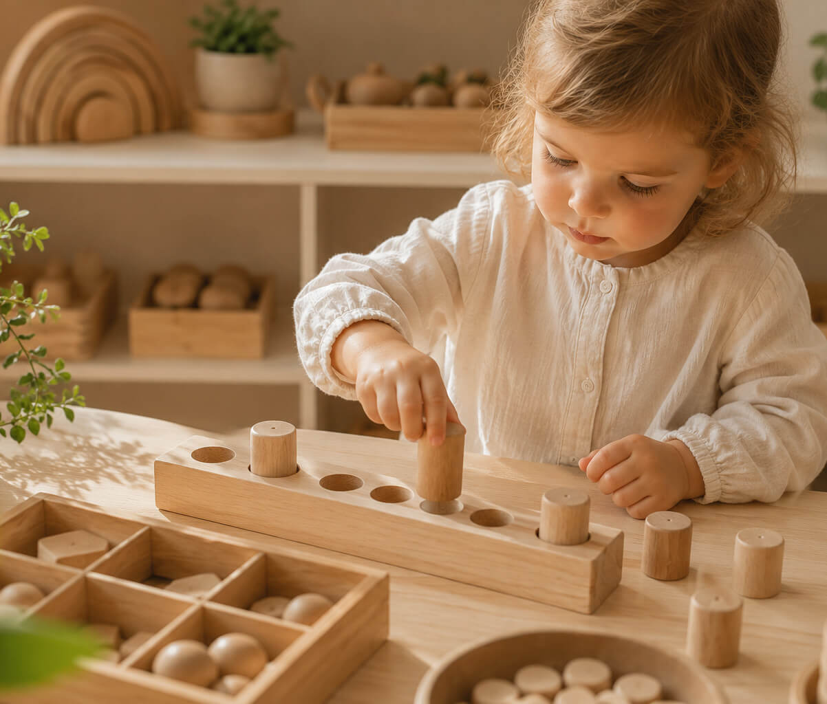 Holzspielzeug, Holzbausteine, Kinderaktivität, Naturholz, Montessori-Spielzeug