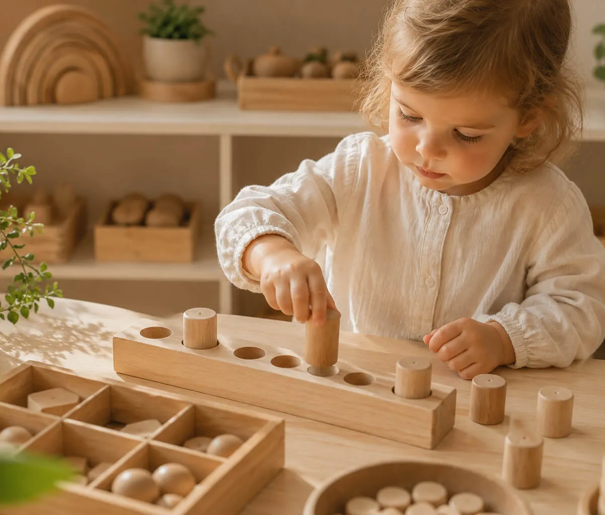 Holzspielzeug, Holzbausteine, Kinderaktivität, Naturholz, Montessori-Spielzeug