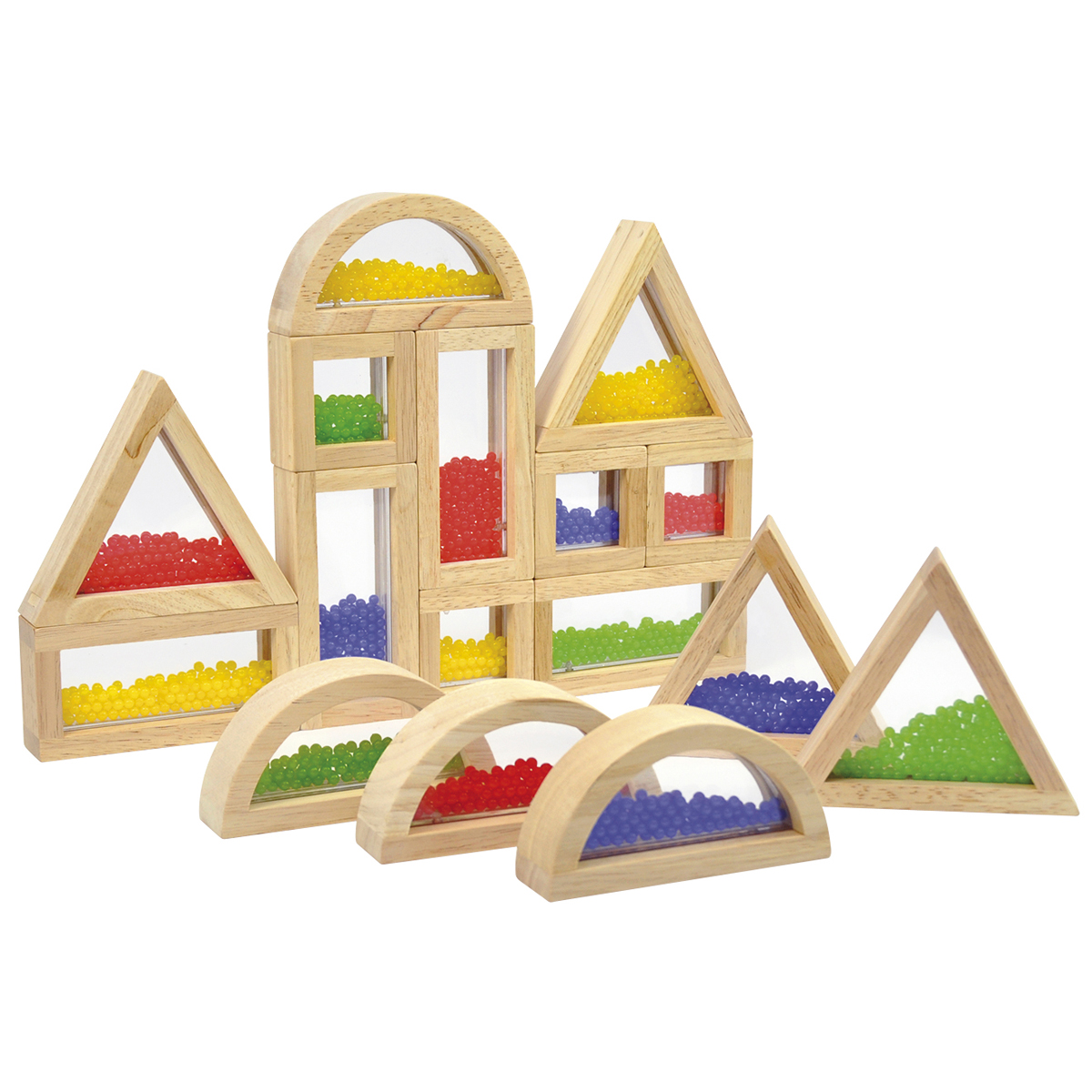 Holzspielzeug, Bausteine, farbige Perlen, geometrische Formen, sensorisches Spielzeug