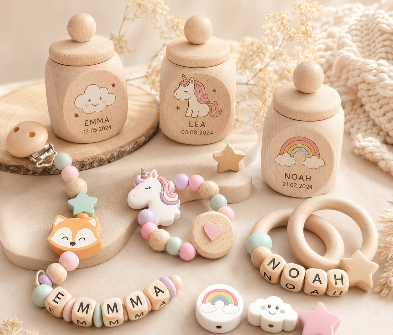 Holzbehälter, Babygeschenk, personalisiert, Baby-Deko, Spielzeugkette, Holzbehälter, Babyaufbewahrung, Personalisierte Beutel, Unicornenspielzeug, Dekoration