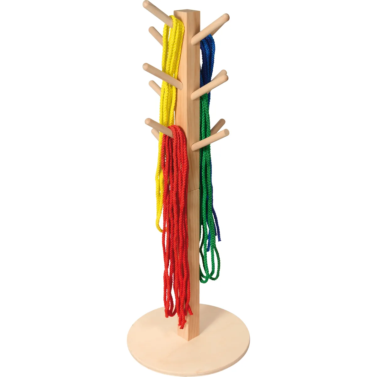 Kordelaufbewahrung, Spielzeugkordeln, Aufbewahrungskordeln, Holzständer, Halterung, Holzständer, Farbenfäden, Aufhängeständer, roter Faden, grüner Faden