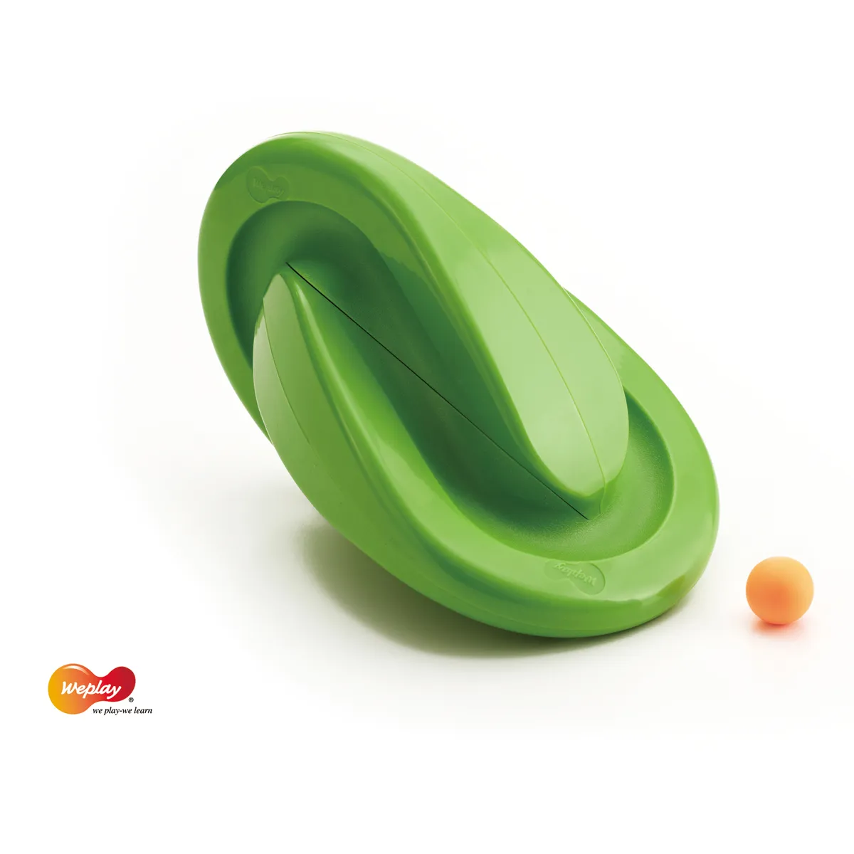 Knickspiel, Schwerkraftscheibe, Runde Halterung, Grüner Spielball, WePlay-Logo, Kugelbahn, Stuntbahn, Greifspielzeug, Grün, Spielzeugball