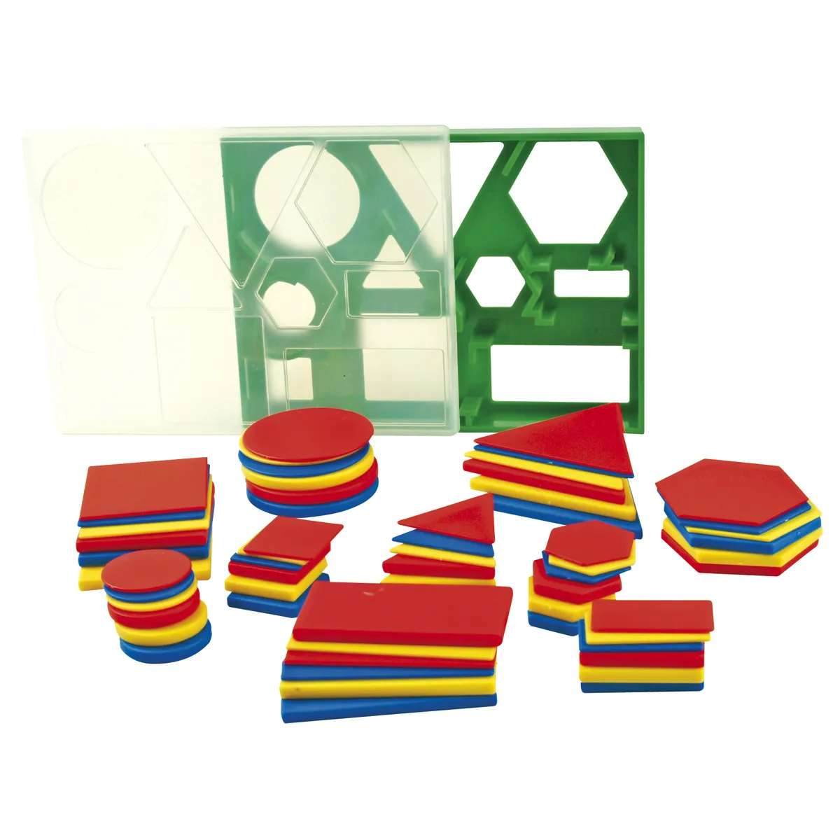 geometrische Bausteine, Konstruktionsspielzeug, farbiges Set, Bausteine aus Kunststoff, Stäbchen- und Plattenset, geometric shapes, wooden pieces, red yellow blue colors, building blocks, puzzle set