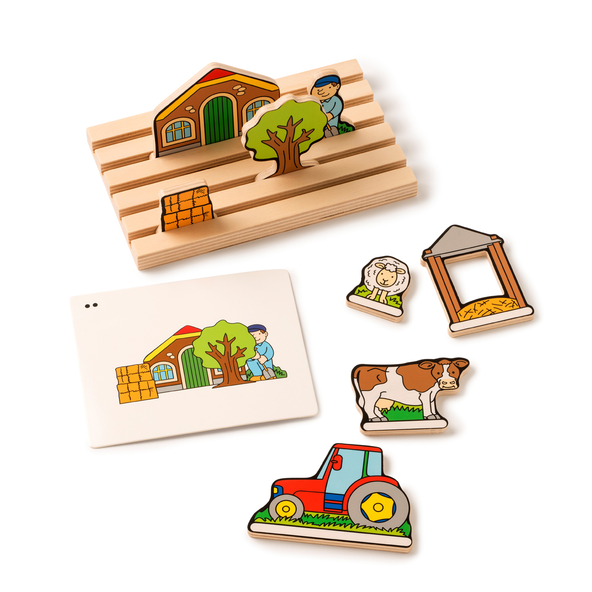 Holzspielzeug, Farm/Heim, Pferdfigur, Traktor, Haus/Schuppen