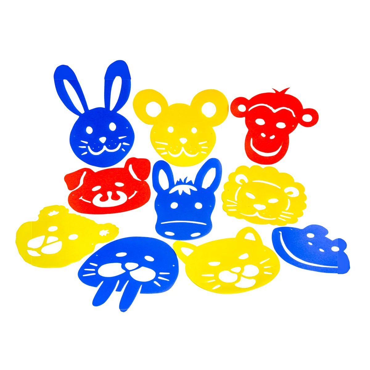 Tierfiguren, Tiermasken, Kinderdekoration, Bunte Silhouetten, Tiergesichter, kinderspass, tierformen, tiermasken, pappmasken, bunte tiere