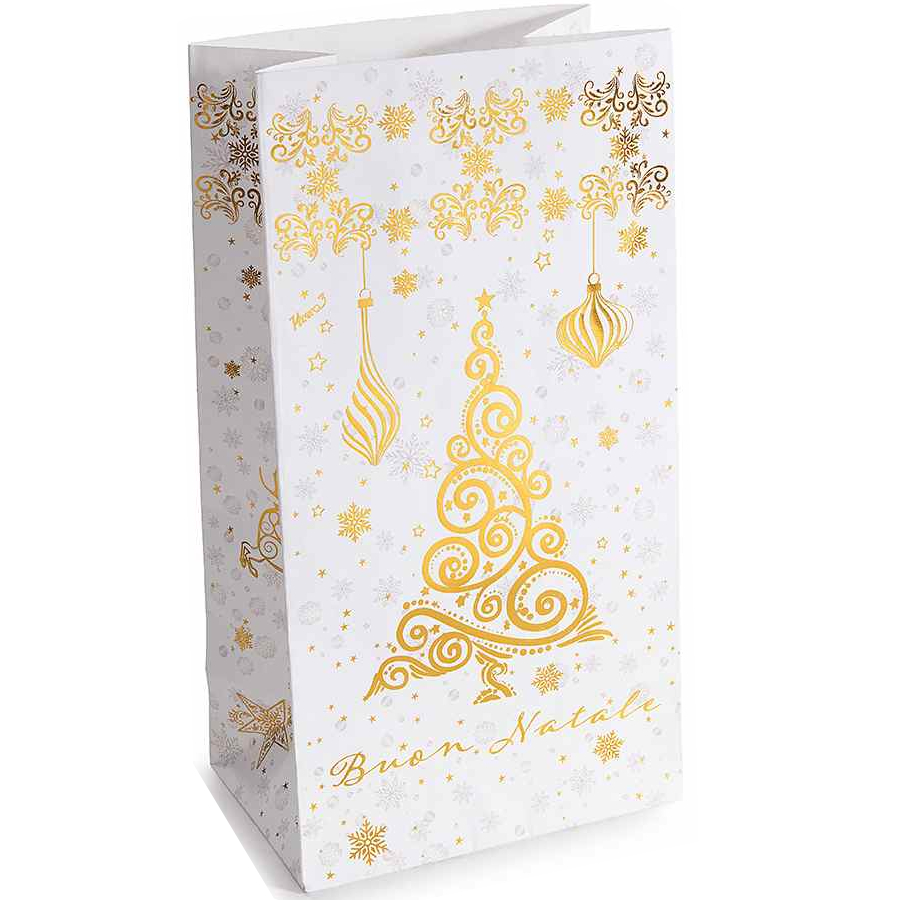 Weihnachtspapiertüte Gold mit Clip, Anhänger und Aufkleber Weihnachtsbaum 14 auf Lager