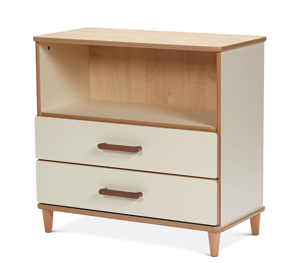 Nachtkommode, Mini-Kommode, Holzoptik, Zweischubladkommode, offenes Fach, Nachttisch, Schubladen, Holzoptik, Beine, klein, Nachttisch, Schlafzimmer, Holz, Schubladen, Offenes Fach