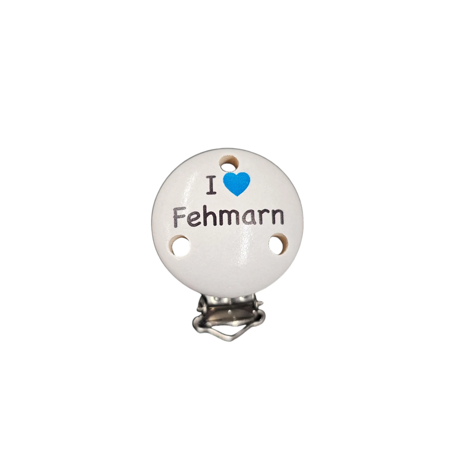 Schnullerclip "I ♥ Fehmarn" weiß-blau 20 auf Lager